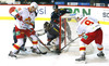 Niklas Hagman (no.9) of Jokerit Helsinki (R) and Johan Harju (no.90) of Jokerit Helsinki (L) trying to push puck in net during match of Ice hockey KHL, Kontinental Hockey League, between KHL Medvescak Zagreb and Jokerit Helsinki. KHL ice hokey match between KHL Medvescak Zagreb, Croatia, and Jokerit Helsinki, Finland, was played in Dom Sportova Arena in Zagreb, Croatia, on Saturday, 22nd of November 2014.
