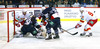 Niklas Hagman (no.9) of Jokerit Helsinki (L) and Johan Harju (no.90) of Jokerit Helsinki (R) in front of goalie Mark Owuya (no.30) of KHL Medvescak Zagreb (M) during match of Ice hockey KHL, Kontinental Hockey League, between KHL Medvescak Zagreb and Jokerit Helsinki. KHL ice hokey match between KHL Medvescak Zagreb, Croatia, and Jokerit Helsinki, Finland, was played in Dom Sportova Arena in Zagreb, Croatia, on Saturday, 22nd of November 2014.
