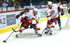 Riku Hahl (no.32) of Jokerit Helsinki (M) and Eetu Poysti (no.79) of Jokerit Helsinki (R) fighting again Mathieu Carle (no.77) of KHL Medvescak Zagreb (L) during match of Ice hockey KHL, Kontinental Hockey League, between KHL Medvescak Zagreb and Jokerit Helsinki. KHL ice hokey match between KHL Medvescak Zagreb, Croatia, and Jokerit Helsinki, Finland, was played in Dom Sportova Arena in Zagreb, Croatia, on Saturday, 22nd of November 2014.
