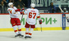 Petteri Wirtanen (no.26) of Jokerit Helsinki (L) celebrates his goal for 2-1 lead with teammate Linus Omark (no.67) of Jokerit Helsinki (R) during match of Ice hockey KHL, Kontinental Hockey League, between KHL Medvescak Zagreb and Jokerit Helsinki. KHL ice hokey match between KHL Medvescak Zagreb, Croatia, and Jokerit Helsinki, Finland, was played in Dom Sportova Arena in Zagreb, Croatia, on Saturday, 22nd of November 2014.
