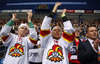 Jokerit fans cheering for their team during match of Ice hockey KHL, Kontinental Hockey League, between KHL Medvescak Zagreb and Jokerit Helsinki. KHL ice hokey match between KHL Medvescak Zagreb, Croatia, and Jokerit Helsinki, Finland, was played in Dom Sportova Arena in Zagreb, Croatia, on Saturday, 22nd of November 2014.
