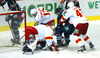 Goalie Henrik Karlsson (no.1) of Jokerit Helsinki in action blocking shoot and covering puck while Ville Lajunen (no.47) of Jokerit Helsinki (R) and Ryan Gunderson (no.13) of Jokerit Helsinki (L) trying to clear area in front of the goal during match of Ice hockey KHL, Kontinental Hockey League, between KHL Medvescak Zagreb and Jokerit Helsinki. KHL ice hokey match between KHL Medvescak Zagreb, Croatia, and Jokerit Helsinki, Finland, was played in Dom Sportova Arena in Zagreb, Croatia, on Saturday, 22nd of November 2014.
