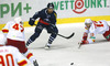 Ville Leino (no.18) of KHL Medvescak Zagreb (M) between Ville Lajunen (no.47) of Jokerit Helsinki (L) and Ryan Gunderson (no.13) of Jokerit Helsinki (R) during match of Ice hockey KHL, Kontinental Hockey League, between KHL Medvescak Zagreb and Jokerit Helsinki. KHL ice hokey match between KHL Medvescak Zagreb, Croatia, and Jokerit Helsinki, Finland, was played in Dom Sportova Arena in Zagreb, Croatia, on Saturday, 22nd of November 2014.
