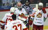 Goalie Henrik Karlsson (no.1) of Jokerit Helsinki, Ville Lajunen (no.47) of Jokerit Helsinki, Goalie Jani Kautto (no.37) of Jokerit Helsinki, Tomi Maki (no.14) of Jokerit Helsinki during match of Ice hockey KHL, Kontinental Hockey League, between KHL Medvescak Zagreb and Jokerit Helsinki. KHL ice hokey match between KHL Medvescak Zagreb, Croatia, and Jokerit Helsinki, Finland, was played in Dom Sportova Arena in Zagreb, Croatia, on Saturday, 22nd of November 2014.
