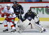 Goalie Mark Owuya (no.30) of KHL Medvescak Zagreb during match of Ice hockey KHL, Kontinental Hockey League, between KHL Medvescak Zagreb and Jokerit Helsinki. KHL ice hokey match between KHL Medvescak Zagreb, Croatia, and Jokerit Helsinki, Finland, was played in Dom Sportova Arena in Zagreb, Croatia, on Saturday, 22nd of November 2014.
