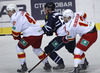 Ville Lajunen (no.47) of Jokerit Helsinki, Patrick Bjorkstrand (no.62) of KHL Medvescak Zagre and Ryan Gunderson (no.13) of Jokerit Helsinki during match of Ice hockey KHL, Kontinental Hockey League, between KHL Medvescak Zagreb and Jokerit Helsinki. KHL ice hokey match between KHL Medvescak Zagreb, Croatia, and Jokerit Helsinki, Finland, was played in Dom Sportova Arena in Zagreb, Croatia, on Saturday, 22nd of November 2014.
