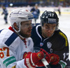 Linus Omark (no.67) of Jokerit Helsinki (L) and Andrew Murray (no.17) of KHL Medvescak (R) during match of fore last round of Ice hockey KHL, Kontinental Hockey League, between KHL Medvescak Zagreb and Jokerit Helsinki. KHL ice hokey match between KHL Medvescak Zagreb, Croatia, and Jokerit Helsinki, Finland, was played in Dom Sportova Arena in Zagreb, Croatia, on Sunday, 22nd of February 2015.
