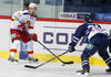 Niko Peltola (no.77) of Jokerit Helsinki (L) and Mark Flood (no.36) of KHL Medvescak (R) during match of fore last round of Ice hockey KHL, Kontinental Hockey League, between KHL Medvescak Zagreb and Jokerit Helsinki. KHL ice hokey match between KHL Medvescak Zagreb, Croatia, and Jokerit Helsinki, Finland, was played in Dom Sportova Arena in Zagreb, Croatia, on Sunday, 22nd of February 2015.
