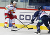 Niko Peltola (no.77) of Jokerit Helsinki (L) and Mark Flood (no.36) of KHL Medvescak (R) during match of fore last round of Ice hockey KHL, Kontinental Hockey League, between KHL Medvescak Zagreb and Jokerit Helsinki. KHL ice hokey match between KHL Medvescak Zagreb, Croatia, and Jokerit Helsinki, Finland, was played in Dom Sportova Arena in Zagreb, Croatia, on Sunday, 22nd of February 2015.
