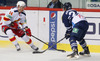 Niko Peltola (no.77) of Jokerit Helsinki (L) and Andrew Hutchinson (no.24) of KHL Medvescak (R) during match of fore last round of Ice hockey KHL, Kontinental Hockey League, between KHL Medvescak Zagreb and Jokerit Helsinki. KHL ice hokey match between KHL Medvescak Zagreb, Croatia, and Jokerit Helsinki, Finland, was played in Dom Sportova Arena in Zagreb, Croatia, on Sunday, 22nd of February 2015.
