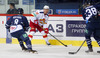 Riku Hahl (no.32) of Jokerit Helsinki (R) and Dario Kostovic (no.8) of KHL Medvescak (L) during match of fore last round of Ice hockey KHL, Kontinental Hockey League, between KHL Medvescak Zagreb and Jokerit Helsinki. KHL ice hokey match between KHL Medvescak Zagreb, Croatia, and Jokerit Helsinki, Finland, was played in Dom Sportova Arena in Zagreb, Croatia, on Sunday, 22nd of February 2015.

