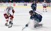 Steve Moses (no.12) of Jokerit Helsinki (L) and Geoff Kinrade (no.4) of KHL Medvescak (R) during match of fore last round of Ice hockey KHL, Kontinental Hockey League, between KHL Medvescak Zagreb and Jokerit Helsinki. KHL ice hokey match between KHL Medvescak Zagreb, Croatia, and Jokerit Helsinki, Finland, was played in Dom Sportova Arena in Zagreb, Croatia, on Sunday, 22nd of February 2015.
