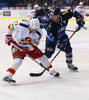 Linus Omark (no.67) of Jokerit Helsinki (L) and Andrew Hutchinson (no.24) of KHL Medvescak (R) during match of fore last round of Ice hockey KHL, Kontinental Hockey League, between KHL Medvescak Zagreb and Jokerit Helsinki. KHL ice hokey match between KHL Medvescak Zagreb, Croatia, and Jokerit Helsinki, Finland, was played in Dom Sportova Arena in Zagreb, Croatia, on Sunday, 22nd of February 2015.
