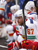 Linus Omark (no.67) of Jokerit Helsinki on bench during match of fore last round of Ice hockey KHL, Kontinental Hockey League, between KHL Medvescak Zagreb and Jokerit Helsinki. KHL ice hokey match between KHL Medvescak Zagreb, Croatia, and Jokerit Helsinki, Finland, was played in Dom Sportova Arena in Zagreb, Croatia, on Sunday, 22nd of February 2015.
