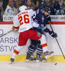 Petteri Wirtanen (no.26) of Jokerit Helsinki (L) and Brandon Segal (no.12) of KHL Medvescak (R) during match of fore last round of Ice hockey KHL, Kontinental Hockey League, between KHL Medvescak Zagreb and Jokerit Helsinki. KHL ice hokey match between KHL Medvescak Zagreb, Croatia, and Jokerit Helsinki, Finland, was played in Dom Sportova Arena in Zagreb, Croatia, on Sunday, 22nd of February 2015.
