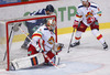 Goalie Henrik Karlsson (no.1) of Jokerit Helsinki during match of fore last round of Ice hockey KHL, Kontinental Hockey League, between KHL Medvescak Zagreb and Jokerit Helsinki. KHL ice hokey match between KHL Medvescak Zagreb, Croatia, and Jokerit Helsinki, Finland, was played in Dom Sportova Arena in Zagreb, Croatia, on Sunday, 22nd of February 2015.
