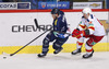 Geoff Kinrade (no.4) of KHL Medvescak (L) and Tomi Maki (no.14) of Jokerit Helsinki (R) during match of fore last round of Ice hockey KHL, Kontinental Hockey League, between KHL Medvescak Zagreb and Jokerit Helsinki. KHL ice hokey match between KHL Medvescak Zagreb, Croatia, and Jokerit Helsinki, Finland, was played in Dom Sportova Arena in Zagreb, Croatia, on Sunday, 22nd of February 2015.
