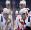 Daine Todd (no.3) of Jokerit Helsinki (front) and Atte Ohtamaa (no.55) of Jokerit Helsinki (back) observing the play from bench during match of fore last round of Ice hockey KHL, Kontinental Hockey League, between KHL Medvescak Zagreb and Jokerit Helsinki. KHL ice hokey match between KHL Medvescak Zagreb, Croatia, and Jokerit Helsinki, Finland, was played in Dom Sportova Arena in Zagreb, Croatia, on Sunday, 22nd of February 2015.
