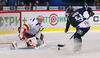 Goalie Henrik Karlsson (no.1) of Jokerit Helsinki saves the penalty shoot of Edwin Hedberg (no.94) of KHL Medvescak during match of fore last round of Ice hockey KHL, Kontinental Hockey League, between KHL Medvescak Zagreb and Jokerit Helsinki. KHL ice hokey match between KHL Medvescak Zagreb, Croatia, and Jokerit Helsinki, Finland, was played in Dom Sportova Arena in Zagreb, Croatia, on Sunday, 22nd of February 2015.
