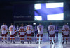 Players of Jokerit listening the Finnish national anthem during match of fore last round of regular season Ice hockey KHL, Kontinental Hockey League, between KHL Medvescak Zagreb and Jokerit Helsinki. KHL ice hokey match between KHL Medvescak Zagreb, Croatia, and Jokerit Helsinki, Finland, was played in Dom Sportova Arena in Zagreb, Croatia, on Sunday, 22nd of February 2015.
