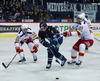 Atte Ohtamaa (no.55) of Jokerit Helsinki, Pascal Pelletier (no.19) of KHL Medvescak and Petteri Wirtanen (no.26) of Jokerit Helsinki during match of fore last round of regular season Ice hockey KHL, Kontinental Hockey League, between KHL Medvescak Zagreb and Jokerit Helsinki. KHL ice hokey match between KHL Medvescak Zagreb, Croatia, and Jokerit Helsinki, Finland, was played in Dom Sportova Arena in Zagreb, Croatia, on Sunday, 22nd of February 2015.
