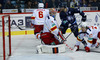 Topi Jaakola (no.6) of Jokerit Helsinki, Goalie Henrik Karlsson (no.1) of Jokerit Helsinki, Niko Peltola (no.77) of Jokerit Helsinki during match of fore last round of regular season Ice hockey KHL, Kontinental Hockey League, between KHL Medvescak Zagreb and Jokerit Helsinki. KHL ice hokey match between KHL Medvescak Zagreb, Croatia, and Jokerit Helsinki, Finland, was played in Dom Sportova Arena in Zagreb, Croatia, on Sunday, 22nd of February 2015.
