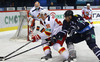 Goalie Henrik Karlsson (no.1) of Jokerit Helsinki, Atte Ohtamaa (no.55) of Jokerit Helsinki, Andrew Murray (no.17) of KHL Medvescak during match of fore last round of regular season Ice hockey KHL, Kontinental Hockey League, between KHL Medvescak Zagreb and Jokerit Helsinki. KHL ice hokey match between KHL Medvescak Zagreb, Croatia, and Jokerit Helsinki, Finland, was played in Dom Sportova Arena in Zagreb, Croatia, on Sunday, 22nd of February 2015.
