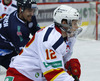 Nathan Perkovich (no.74) of KHL Medvescak  and Steve Moses (no.12) of Jokerit Helsinki during match of fore last round of regular season Ice hockey KHL, Kontinental Hockey League, between KHL Medvescak Zagreb and Jokerit Helsinki. KHL ice hokey match between KHL Medvescak Zagreb, Croatia, and Jokerit Helsinki, Finland, was played in Dom Sportova Arena in Zagreb, Croatia, on Sunday, 22nd of February 2015.
