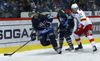 Nathan Perkovich (no.74) of KHL Medvescak, Brandon Segal (no.12) of KHL Medvescak and Eetu Poysti (no.79) of Jokerit Helsinki during match of fore last round of regular season Ice hockey KHL, Kontinental Hockey League, between KHL Medvescak Zagreb and Jokerit Helsinki. KHL ice hokey match between KHL Medvescak Zagreb, Croatia, and Jokerit Helsinki, Finland, was played in Dom Sportova Arena in Zagreb, Croatia, on Sunday, 22nd of February 2015.
