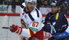 Linus Omark (no.67) of Jokerit Helsinki and Geoff Kinrade (no.4) of KHL Medvescak during match of fore last round of regular season Ice hockey KHL, Kontinental Hockey League, between KHL Medvescak Zagreb and Jokerit Helsinki. KHL ice hokey match between KHL Medvescak Zagreb, Croatia, and Jokerit Helsinki, Finland, was played in Dom Sportova Arena in Zagreb, Croatia, on Sunday, 22nd of February 2015.
