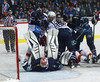 Goalie Cal Heeter (no.34) of KHL Medvescak, Jani Rita (no.28) of Jokerit Helsinki, Geoff Kinrade (no.4) of KHL Medvescak during match of fore last round of regular season Ice hockey KHL, Kontinental Hockey League, between KHL Medvescak Zagreb and Jokerit Helsinki. KHL ice hokey match between KHL Medvescak Zagreb, Croatia, and Jokerit Helsinki, Finland, was played in Dom Sportova Arena in Zagreb, Croatia, on Sunday, 22nd of February 2015.
