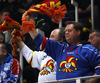 Jokerit supporters during match of fore last round of regular season Ice hockey KHL, Kontinental Hockey League, between KHL Medvescak Zagreb and Jokerit Helsinki. KHL ice hokey match between KHL Medvescak Zagreb, Croatia, and Jokerit Helsinki, Finland, was played in Dom Sportova Arena in Zagreb, Croatia, on Sunday, 22nd of February 2015.
