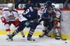 Niko Kapanen (no.39) of Jokerit Helsinki, Bill Thomas (no.9) of KHL Medvescak, Mark Flood (no.36) of KHL Medvescak and Tomi Maki (no.14) of Jokerit Helsinki during match of fore last round of regular season Ice hockey KHL, Kontinental Hockey League, between KHL Medvescak Zagreb and Jokerit Helsinki. KHL ice hokey match between KHL Medvescak Zagreb, Croatia, and Jokerit Helsinki, Finland, was played in Dom Sportova Arena in Zagreb, Croatia, on Sunday, 22nd of February 2015.
