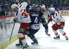 Riku Hahl (no.32) of Jokerit Helsinki, Geoff Kinrade (no.4) of KHL Medvescak, James Wright (no.38) of KHL Medvescak and Semir Ben-Amor (no.18) of Jokerit Helsinki during match of fore last round of regular season Ice hockey KHL, Kontinental Hockey League, between KHL Medvescak Zagreb and Jokerit Helsinki. KHL ice hokey match between KHL Medvescak Zagreb, Croatia, and Jokerit Helsinki, Finland, was played in Dom Sportova Arena in Zagreb, Croatia, on Sunday, 22nd of February 2015.
