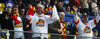 Jokerit supporters during match of fore last round of regular season Ice hockey KHL, Kontinental Hockey League, between KHL Medvescak Zagreb and Jokerit Helsinki. KHL ice hokey match between KHL Medvescak Zagreb, Croatia, and Jokerit Helsinki, Finland, was played in Dom Sportova Arena in Zagreb, Croatia, on Sunday, 22nd of February 2015.
