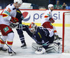 Jere Sallinen (no.76) of Jokerit Helsinki and Goalie Cal Heeter (no.34) of KHL Medvescakduring match of fore last round of regular season Ice hockey KHL, Kontinental Hockey League, between KHL Medvescak Zagreb and Jokerit Helsinki. KHL ice hokey match between KHL Medvescak Zagreb, Croatia, and Jokerit Helsinki, Finland, was played in Dom Sportova Arena in Zagreb, Croatia, on Sunday, 22nd of February 2015.
