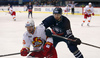Juhamatti Aaltonen (no.50) of Jokerit (L) and Shaone Morrisonn (no.82) of KHL Medvescak (R) during match of regular season Ice hockey KHL, Kontinental Hockey League, between KHL Medvescak Zagreb and Jokerit Helsinki. KHL ice hokey match between KHL Medvescak Zagreb, Croatia, and Jokerit Helsinki, Finland, was played in Dom Sportova Arena in Zagreb, Croatia, on Monday, 4th of January 2016.
