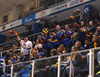 Fans of Jokerit celebrate goal for 1-2 lead during match of regular season Ice hockey KHL, Kontinental Hockey League, between KHL Medvescak Zagreb and Jokerit Helsinki. KHL ice hokey match between KHL Medvescak Zagreb, Croatia, and Jokerit Helsinki, Finland, was played in Dom Sportova Arena in Zagreb, Croatia, on Monday, 4th of January 2016.
