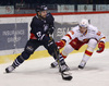 Gilbert Brule (no.17) of KHL Medvescak (L) and Atte Ohtamaa (no.55) of Jokerit (R) during match of regular season Ice hockey KHL, Kontinental Hockey League, between KHL Medvescak Zagreb and Jokerit Helsinki. KHL ice hokey match between KHL Medvescak Zagreb, Croatia, and Jokerit Helsinki, Finland, was played in Dom Sportova Arena in Zagreb, Croatia, on Monday, 4th of January 2016.
