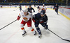 Tim Kennedy (no.10) of Jokerit (L) and Patrick Bjorkstrand (no.62) of KHL Medvescak (R) during match of regular season Ice hockey KHL, Kontinental Hockey League, between KHL Medvescak Zagreb and Jokerit Helsinki. KHL ice hokey match between KHL Medvescak Zagreb, Croatia, and Jokerit Helsinki, Finland, was played in Dom Sportova Arena in Zagreb, Croatia, on Monday, 4th of January 2016.
