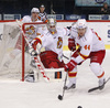 Goalie Henrik Karlsson (no.1) of Jokerit and Jesper B. Jensen (no.44) of Jokerit during match of regular season Ice hockey KHL, Kontinental Hockey League, between KHL Medvescak Zagreb and Jokerit Helsinki. KHL ice hokey match between KHL Medvescak Zagreb, Croatia, and Jokerit Helsinki, Finland, was played in Dom Sportova Arena in Zagreb, Croatia, on Monday, 4th of January 2016.
