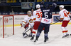 Goalie Henrik Karlsson (no.1) of Jokerit, Arturs Kulda (no.32) of Jokerit, Colby Genoway (no.5) of KHL Medvescak and Jesper B. Jensen (no.44) of Jokerit during match of regular season Ice hockey KHL, Kontinental Hockey League, between KHL Medvescak Zagreb and Jokerit Helsinki. KHL ice hokey match between KHL Medvescak Zagreb, Croatia, and Jokerit Helsinki, Finland, was played in Dom Sportova Arena in Zagreb, Croatia, on Monday, 4th of January 2016.
