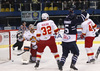 Goalie Henrik Karlsson (no.1) of Jokerit, Arturs Kulda (no.32) of Jokerit, Colby Genoway (no.5) of KHL Medvescak and Jesper B. Jensen (no.44) of Jokerit during match of regular season Ice hockey KHL, Kontinental Hockey League, between KHL Medvescak Zagreb and Jokerit Helsinki. KHL ice hokey match between KHL Medvescak Zagreb, Croatia, and Jokerit Helsinki, Finland, was played in Dom Sportova Arena in Zagreb, Croatia, on Monday, 4th of January 2016.

