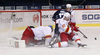 Goalie Henrik Karlsson (no.1) of Jokerit, Gilbert Brule (no.17) of KHL Medvescak and Ville Lajunen (no.47) of Jokerit during match of regular season Ice hockey KHL, Kontinental Hockey League, between KHL Medvescak Zagreb and Jokerit Helsinki. KHL ice hokey match between KHL Medvescak Zagreb, Croatia, and Jokerit Helsinki, Finland, was played in Dom Sportova Arena in Zagreb, Croatia, on Monday, 4th of January 2016.
