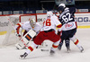 Goalie Henrik Karlsson (no.1) of Jokerit, Jere Sallinen (no.76) of Jokerit and Patrick Bjorkstrand (no.62) of KHL Medvescak during match of regular season Ice hockey KHL, Kontinental Hockey League, between KHL Medvescak Zagreb and Jokerit Helsinki. KHL ice hokey match between KHL Medvescak Zagreb, Croatia, and Jokerit Helsinki, Finland, was played in Dom Sportova Arena in Zagreb, Croatia, on Monday, 4th of January 2016.
