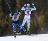 Juho Mikkonen of Finland (L) and Calle Halfvarsson of Sweden skiing during finals of the men sprint race of Viessmann FIS Cross country skiing World cup in Planica, Slovenia. Men sprint race of Viessmann FIS Cross country skiing World cup was held on Saturday, 16th of January 2016 in Planica, Slovenia.
