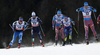 Joni Maki of Finland (L), Simone Urbani of Italy, Anton Gafarov of Russia, Renaud Jay of Finland and Gleb Retivykh of Russia skiing during qualification for men sprint race of Viessmann FIS Cross country skiing World cup in Planica, Slovenia. Men sprint race of Viessmann FIS Cross country skiing World cup was held on Saturday, 16th of January 2016 in Planica, Slovenia.
