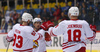 Scorer for 1-0 lead Peter Regin (no.93) of Jokerit Helsinki (L) celebrates his goal with his teammates Chay Genoway (no.55) of Jokerit Helsinki (M) and Jesse Joensuu (no.18) of Jokerit Helsinki (R) during ice hockey match of KHL, Kontinental Hockey League, between KHL Medvescak Zagreb and Jokerit Helsinki. KHL ice hokey match between KHL Medvescak Zagreb, Croatia, and Jokerit Helsinki, Finland, was played in Dom Sportova Arena in Zagreb, Croatia, on Thursday, 17th of November 2016.
