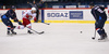 Topi Jaakola (no.6) of Jokerit Helsinki (R) shooting next to Yann Sauve (no.4) of KHL Medvescak (L) during ice hockey match of KHL, Kontinental Hockey League, between KHL Medvescak Zagreb and Jokerit Helsinki. KHL ice hokey match between KHL Medvescak Zagreb, Croatia, and Jokerit Helsinki, Finland, was played in Dom Sportova Arena in Zagreb, Croatia, on Thursday, 17th of November 2016.
