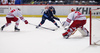 Francis Pare (no.91) of KHL Medvescak (M) infront of the goalie Riku Helenius (no.31) of Jokerit Helsinki (R), while Topi Jaakola (no.6) of Jokerit Helsinki (L) trying to hinder him during ice hockey match of KHL, Kontinental Hockey League, between KHL Medvescak Zagreb and Jokerit Helsinki. KHL ice hokey match between KHL Medvescak Zagreb, Croatia, and Jokerit Helsinki, Finland, was played in Dom Sportova Arena in Zagreb, Croatia, on Thursday, 17th of November 2016.
